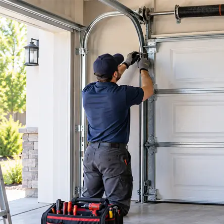 Garage door technician working on a residential garage door